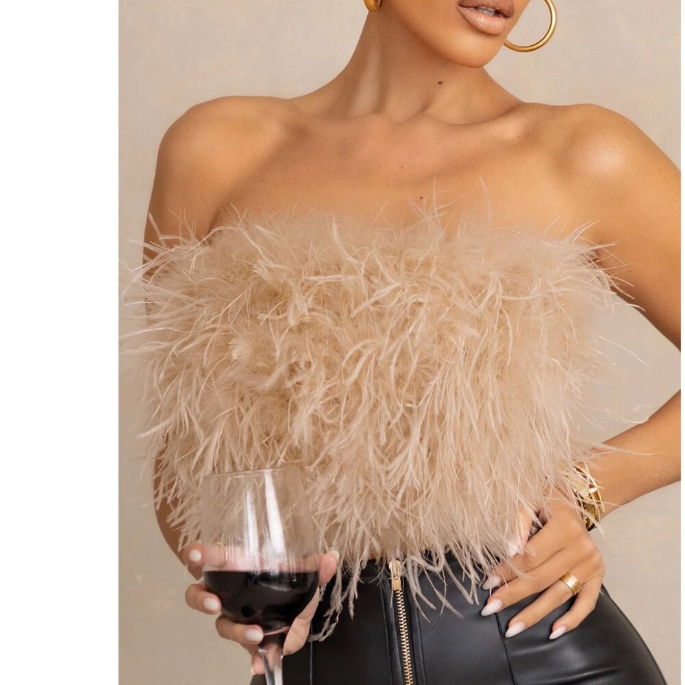 ๐ฅCHIC & SEXY๐ฅ100% OSTRICH FEATHERS BANDEAU CROP TOP in CHAMPAGNE - Picture 5 of 10